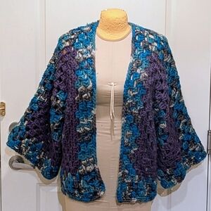 Gorgeous Hand Crocheted 1X Turquoise Purple and Grey Kimono Cardigan